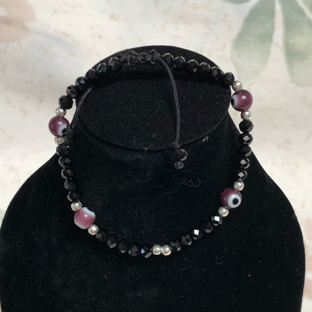 Hand Made Adjustable Macrame Bracelet w/ Blk Crystal & Sterling Silver Accents